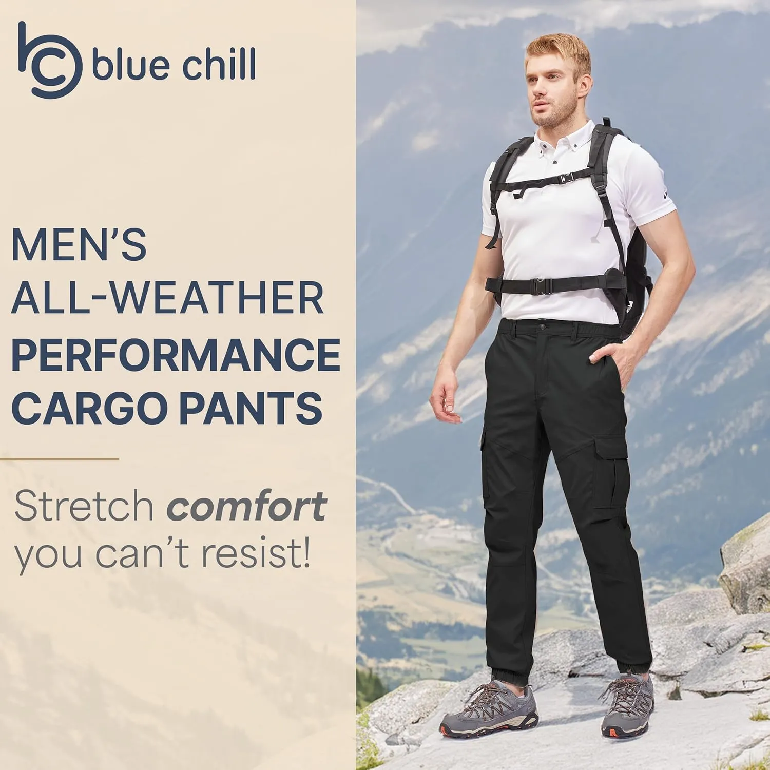 BLUE CHILL Mens Cargo Joggers  Slim Fit, Stretch Comfort, Water-Resistant, 7 Pockets, Lightweight for Hiking & Travel