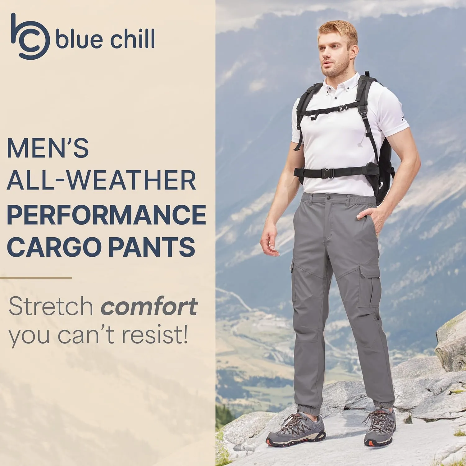 BLUE CHILL Mens Cargo Joggers  Slim Fit, Stretch Comfort, Water-Resistant, 7 Pockets, Lightweight for Hiking & Travel