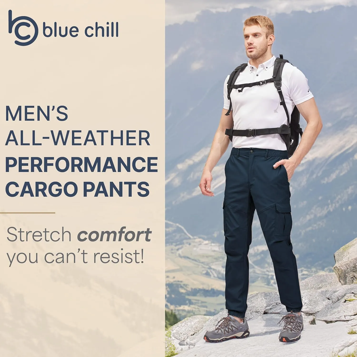 BLUE CHILL Mens Cargo Joggers  Slim Fit, Stretch Comfort, Water-Resistant, 7 Pockets, Lightweight for Hiking & Travel