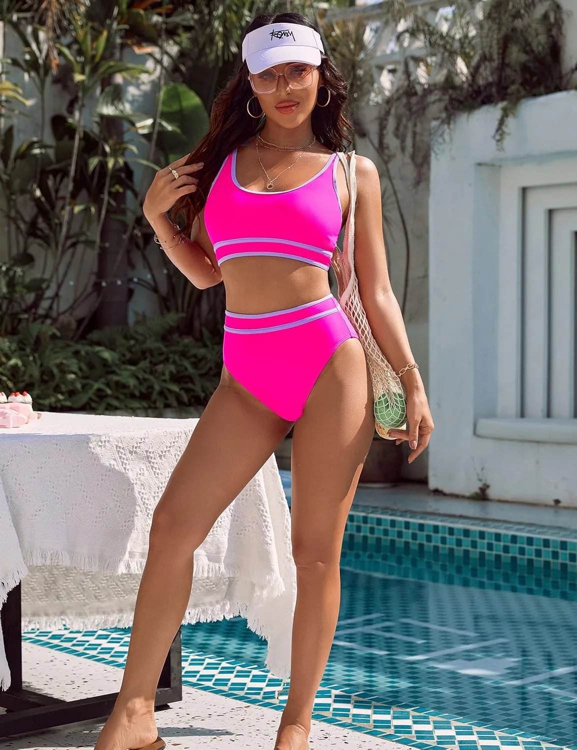 BMJL Women's High Waisted Bikini Sets Sporty Two Piece Swimsuits Color Block Cheeky High Cut Bathing Suits