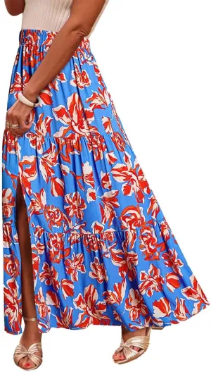 Bohemian Floral Skirts for Women High Waist Pleated Beach Skirt Trendy Ladies Boho Vacation Skirts with Slit