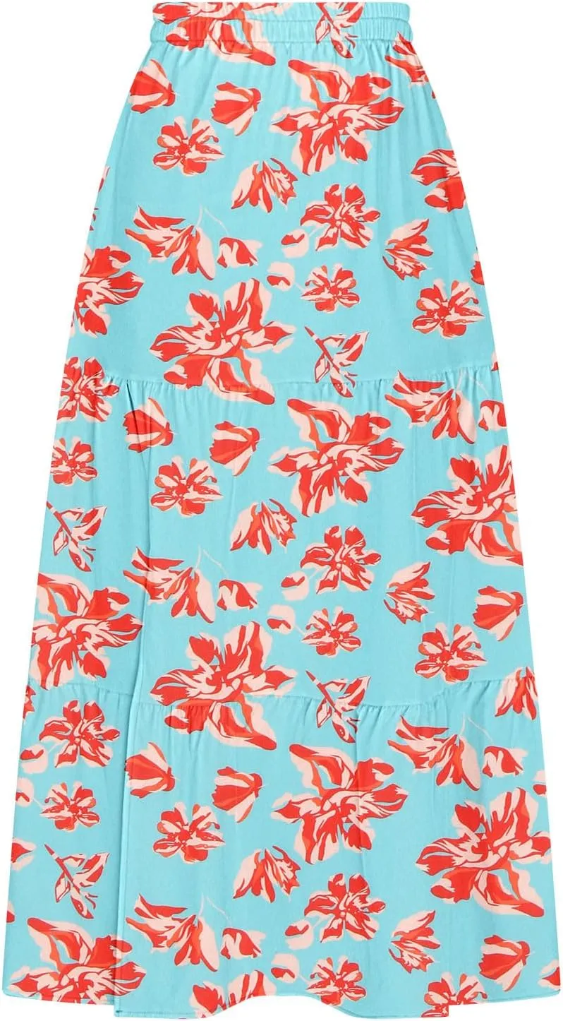 Bohemian Floral Skirts for Women High Waist Pleated Beach Skirt Trendy Ladies Boho Vacation Skirts with Slit