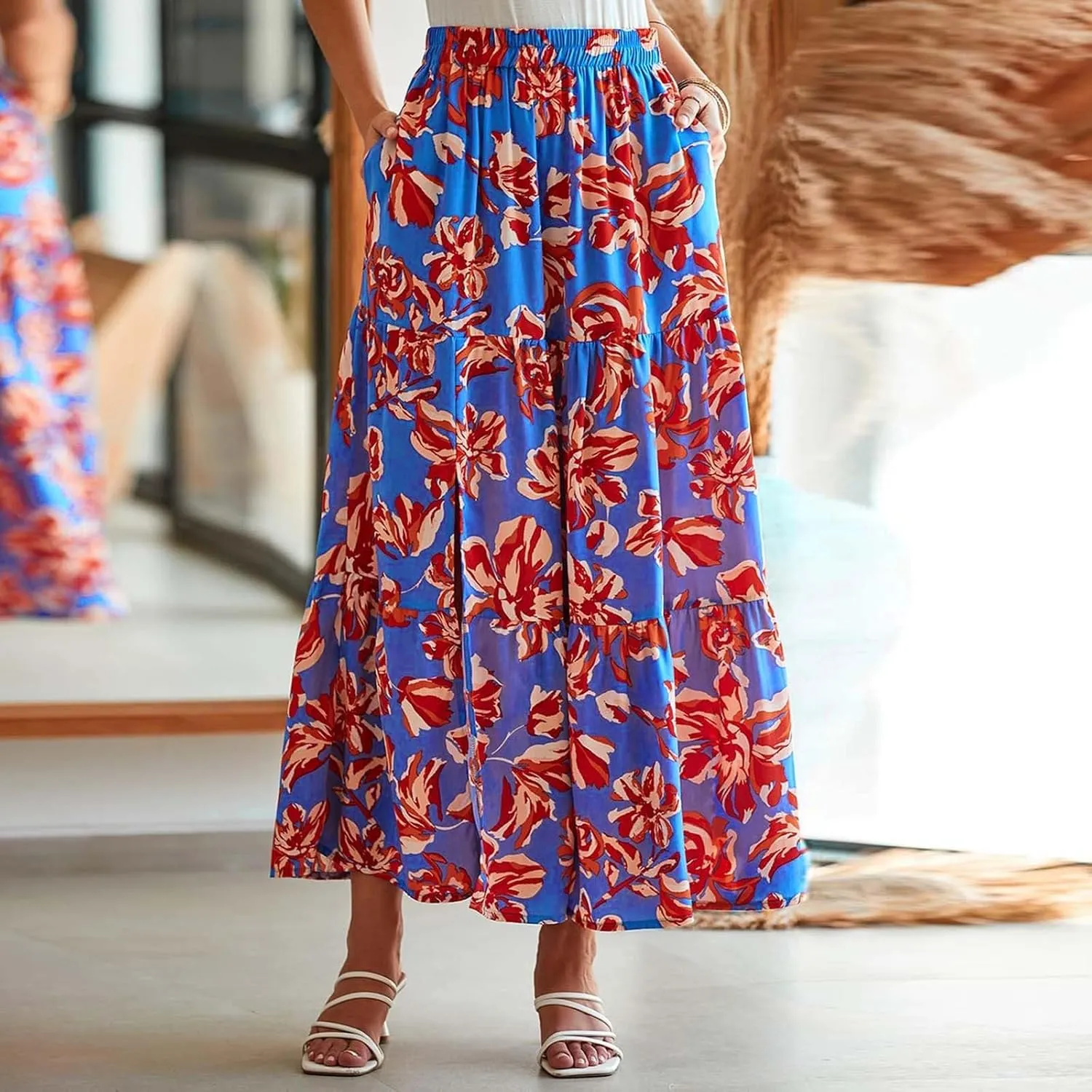 Bohemian Floral Skirts for Women High Waist Pleated Beach Skirt Trendy Ladies Boho Vacation Skirts with Slit