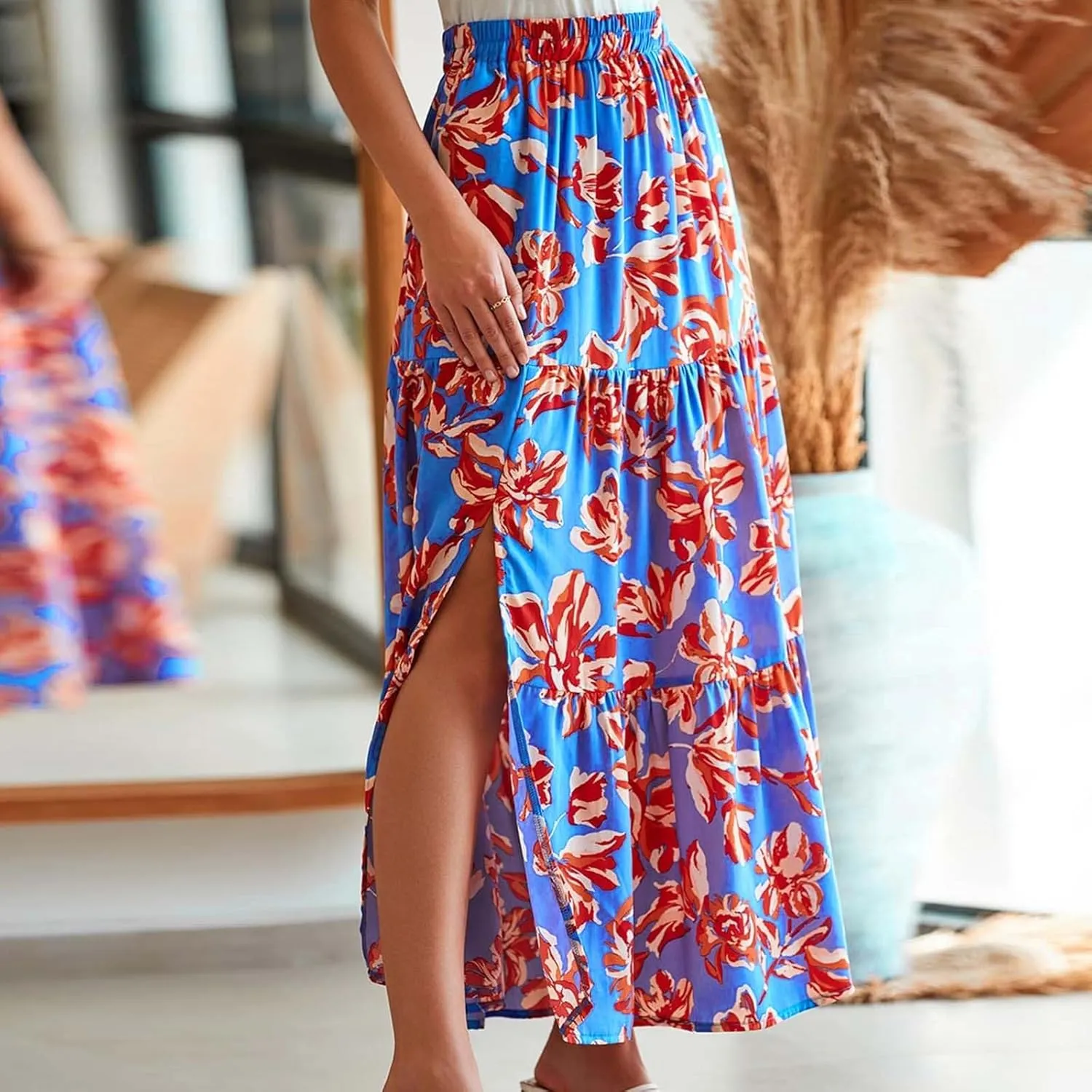 Bohemian Floral Skirts for Women High Waist Pleated Beach Skirt Trendy Ladies Boho Vacation Skirts with Slit