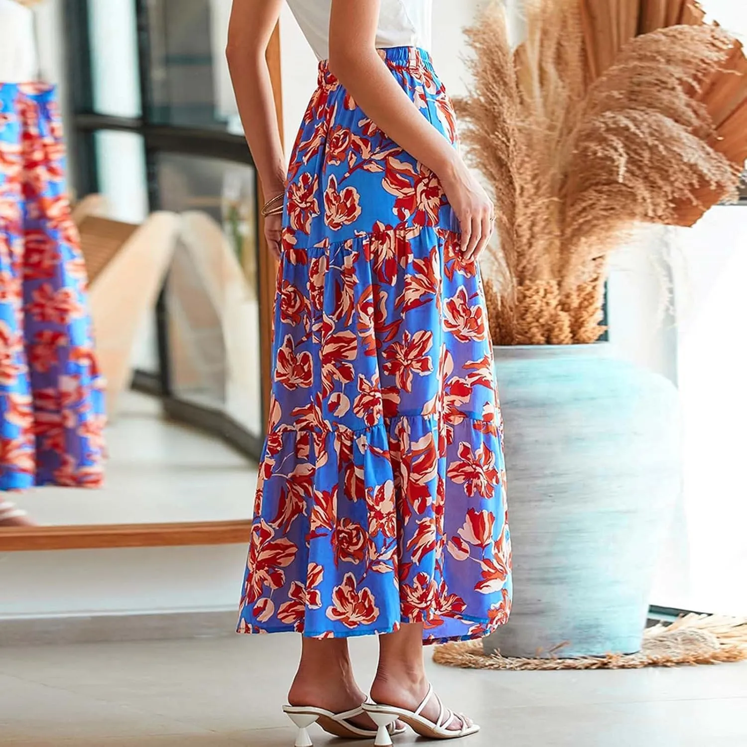 Bohemian Floral Skirts for Women High Waist Pleated Beach Skirt Trendy Ladies Boho Vacation Skirts with Slit