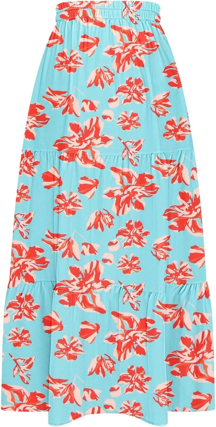 Bohemian Floral Skirts for Women High Waist Pleated Beach Skirt Trendy Ladies Boho Vacation Skirts with Slit