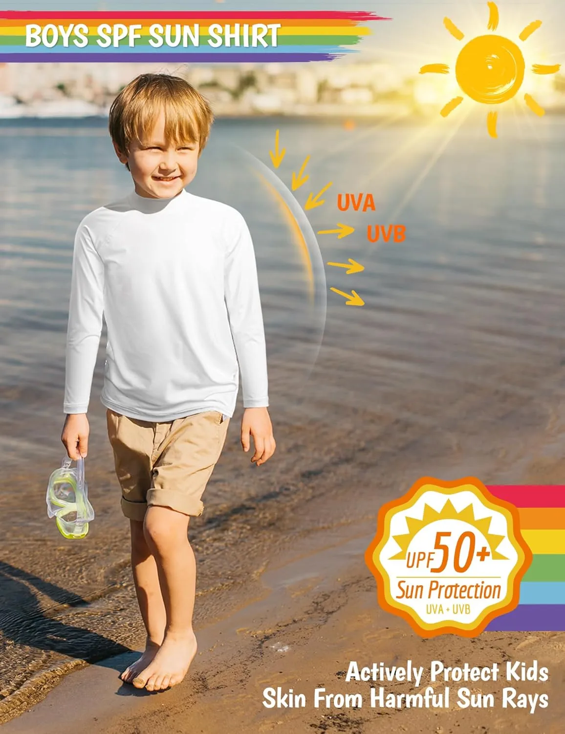 Boys Rash Guard Swim Shirts Long Sleeve UPF 50  Swimwear Youth Kids Sun Protection SPF Water Surfing Shirts Quick Dry