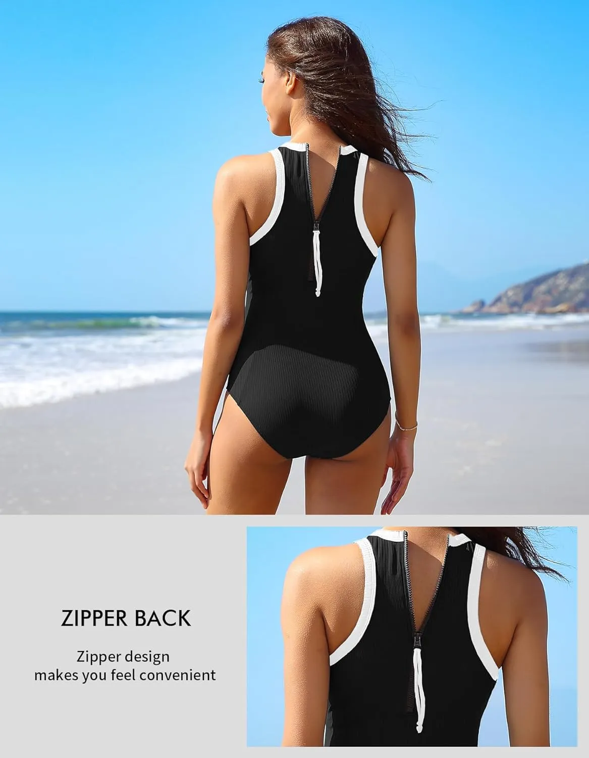 Charmo Women One Piece Swimsuit Zipper Back Ribbed Swimwear Sporty Racerback High Neck Bathing Suit