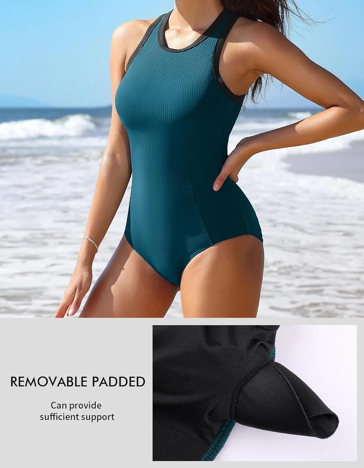 Charmo Women One Piece Swimsuit Zipper Back Ribbed Swimwear Sporty Racerback High Neck Bathing Suit
