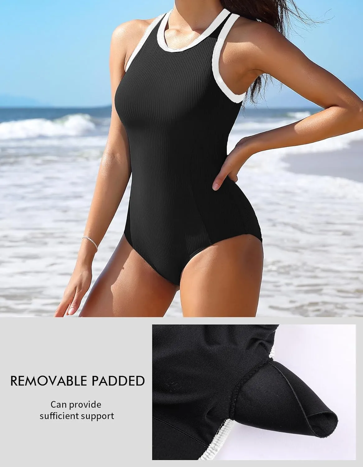 Charmo Women One Piece Swimsuit Zipper Back Ribbed Swimwear Sporty Racerback High Neck Bathing Suit