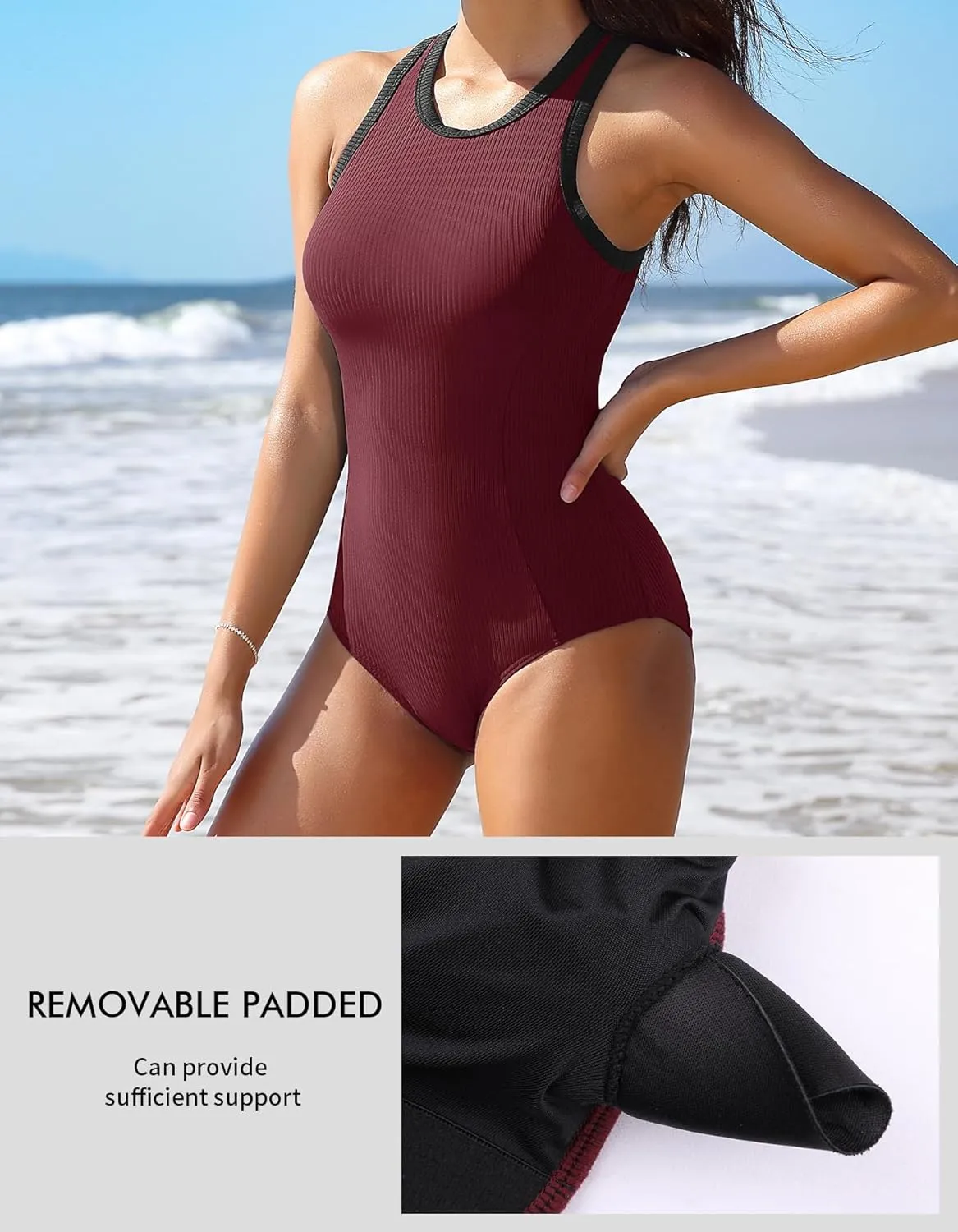 Charmo Women One Piece Swimsuit Zipper Back Ribbed Swimwear Sporty Racerback High Neck Bathing Suit