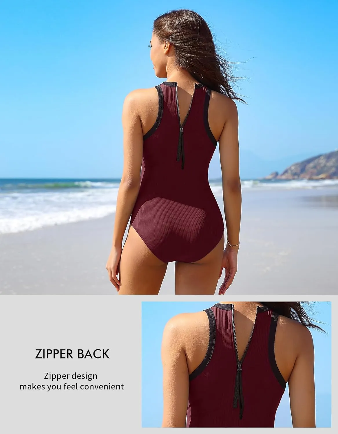 Charmo Women One Piece Swimsuit Zipper Back Ribbed Swimwear Sporty Racerback High Neck Bathing Suit