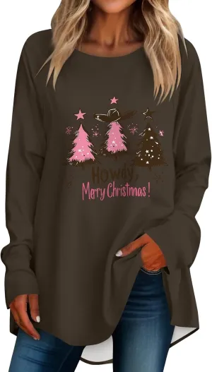 Christmas Sweatshirt for Women 2024 Funny Plus Size Print Sweatshirts Crewneck Long Sleeve Xmas Holiday Vacation Tops