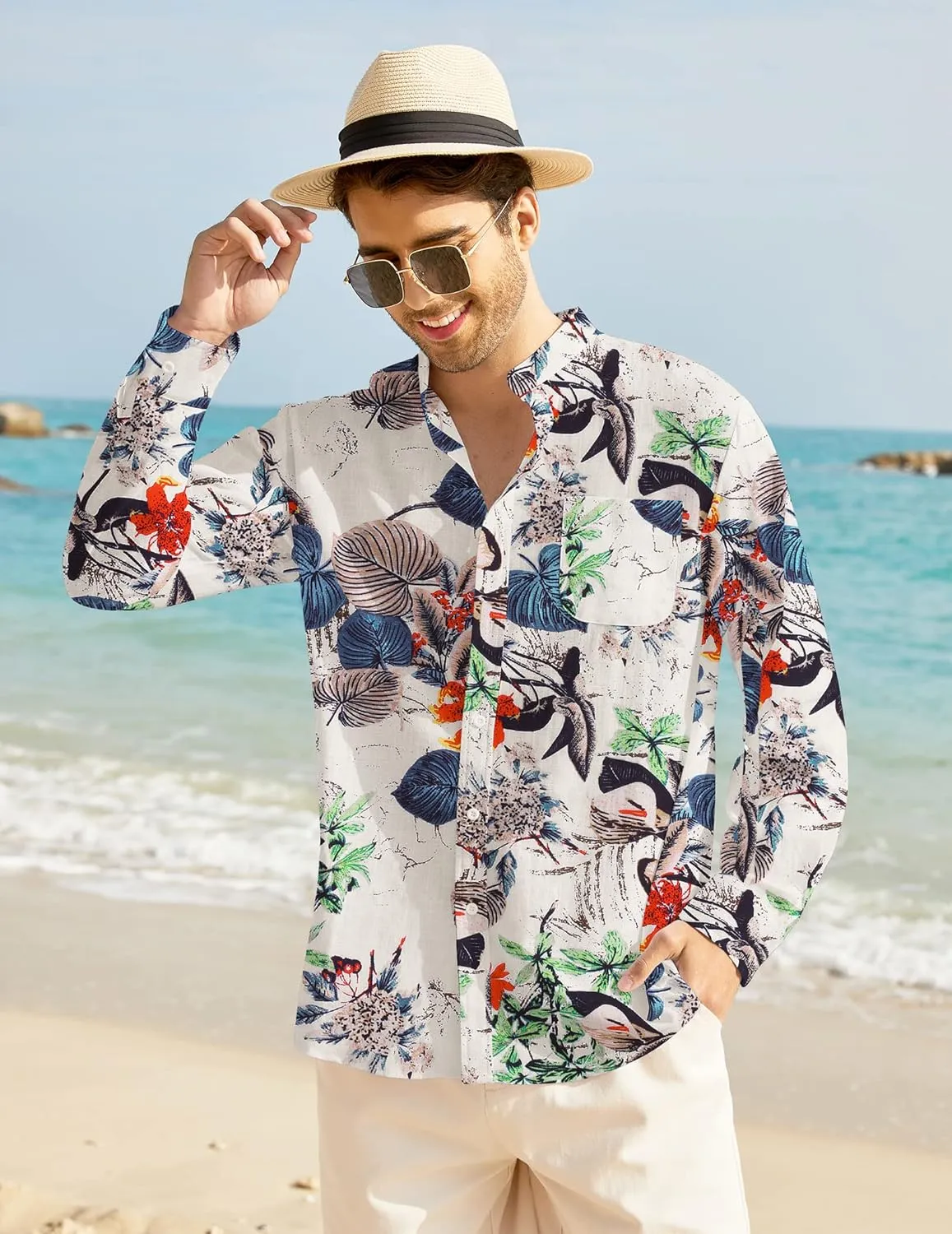 COOFANDY Men's Casual Cotton Linen Button Down Shirts Band Collar Long Sleeve Shirt Beach Summer Shirt with Pocket