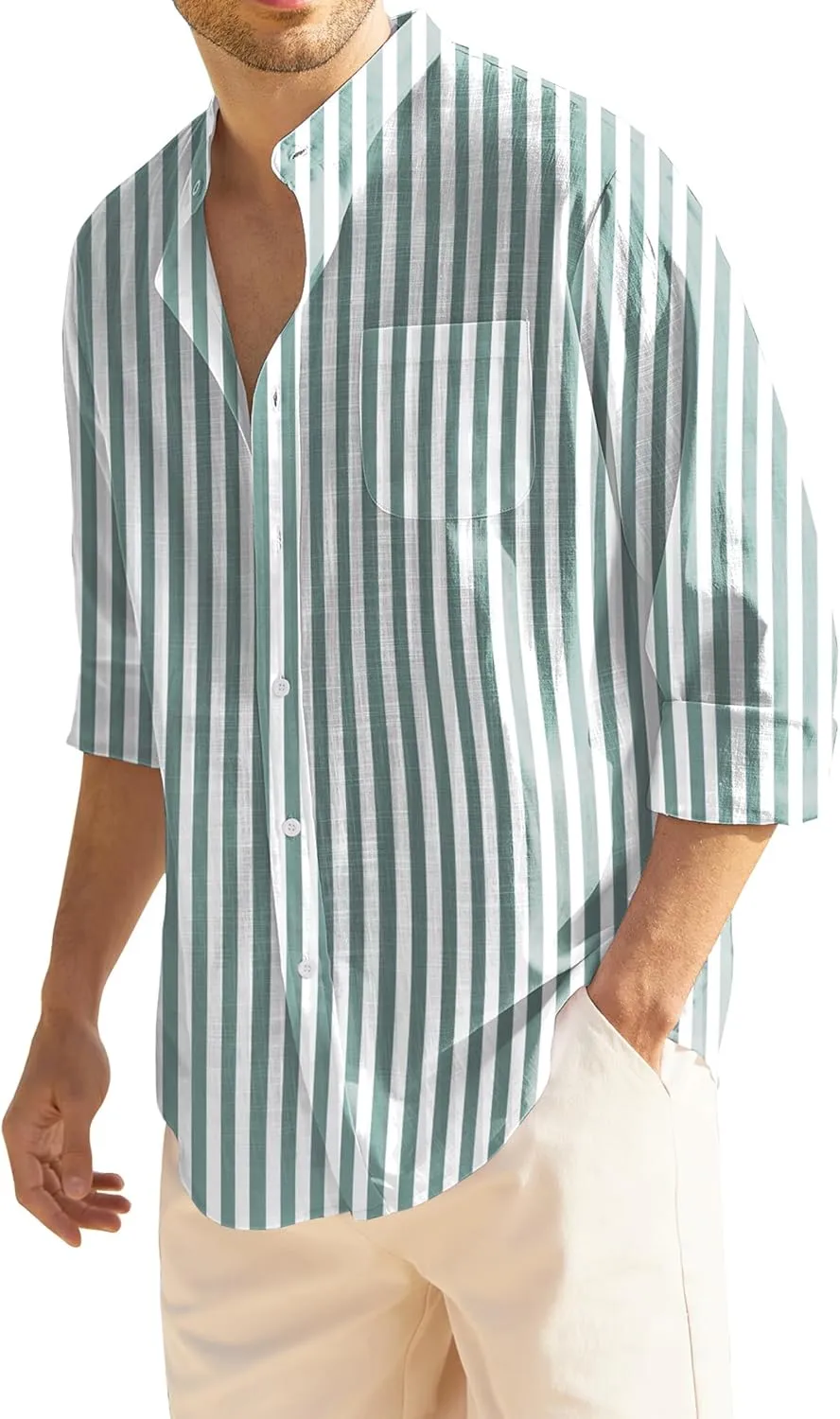 COOFANDY Men's Casual Cotton Linen Button Down Shirts Band Collar Long Sleeve Shirt Beach Summer Shirt with Pocket