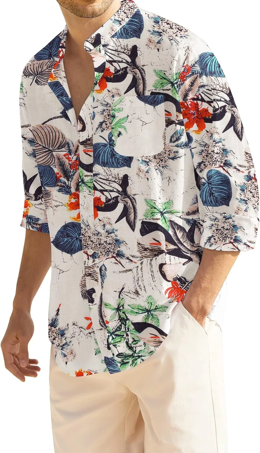 COOFANDY Men's Casual Cotton Linen Button Down Shirts Band Collar Long Sleeve Shirt Beach Summer Shirt with Pocket