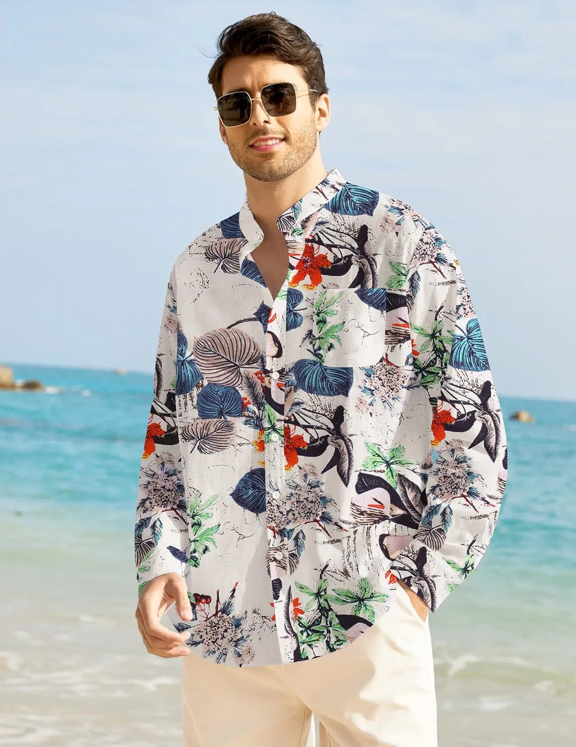 COOFANDY Men's Casual Cotton Linen Button Down Shirts Band Collar Long Sleeve Shirt Beach Summer Shirt with Pocket