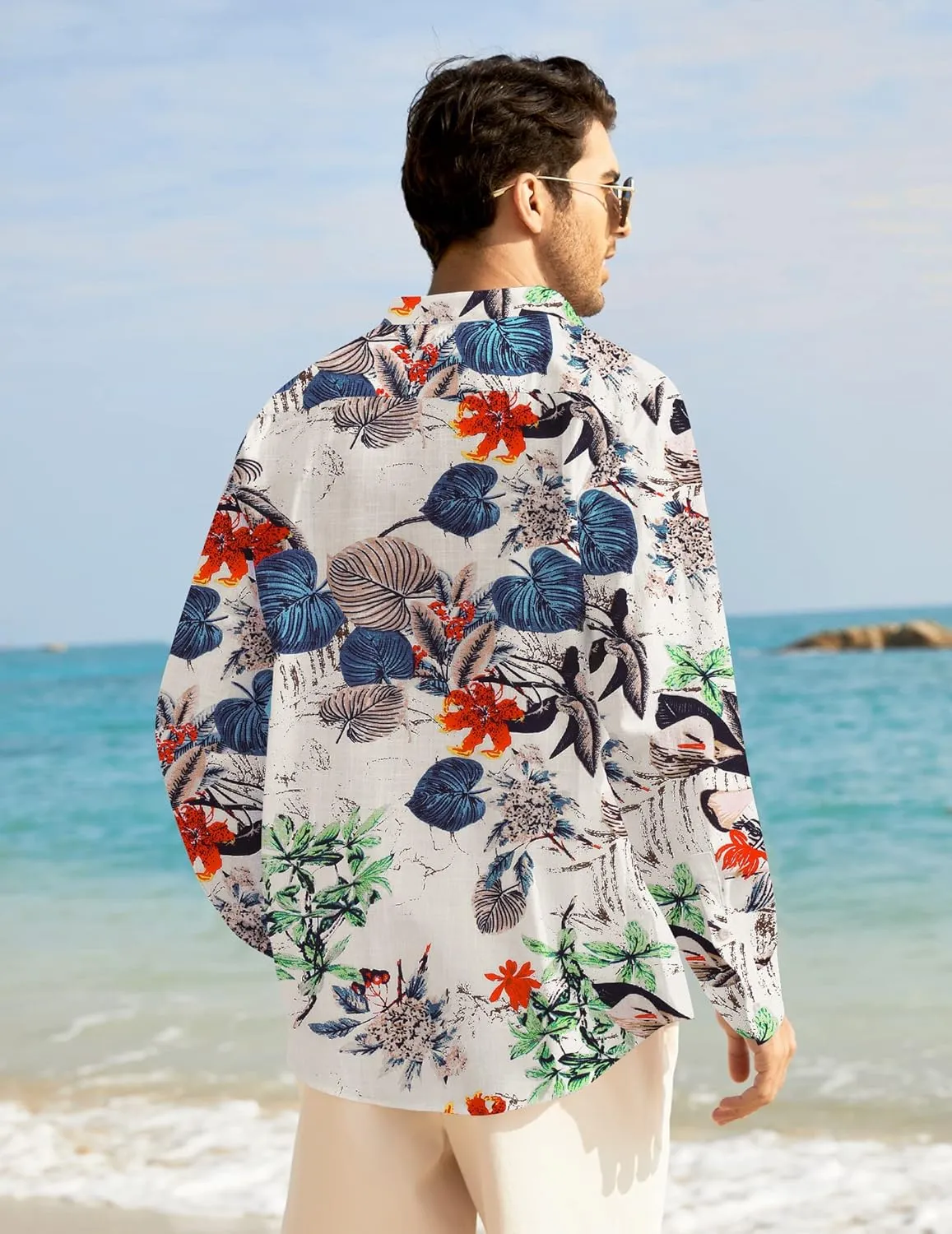 COOFANDY Men's Casual Cotton Linen Button Down Shirts Band Collar Long Sleeve Shirt Beach Summer Shirt with Pocket