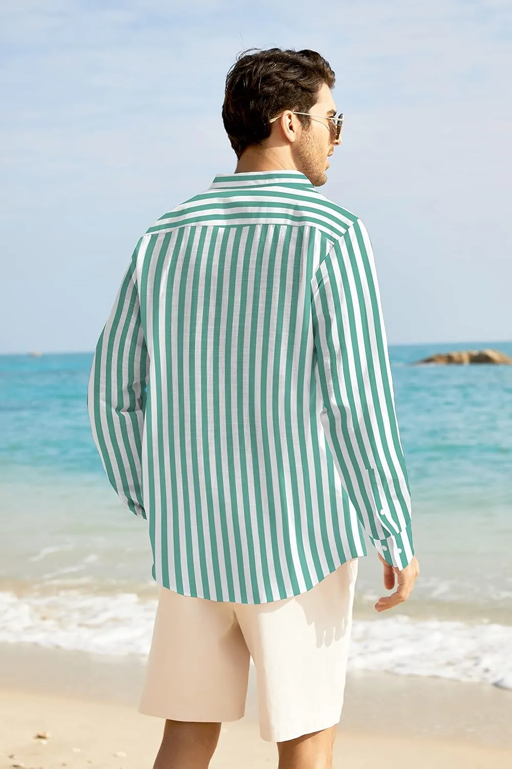 COOFANDY Men's Casual Cotton Linen Button Down Shirts Band Collar Long Sleeve Shirt Beach Summer Shirt with Pocket