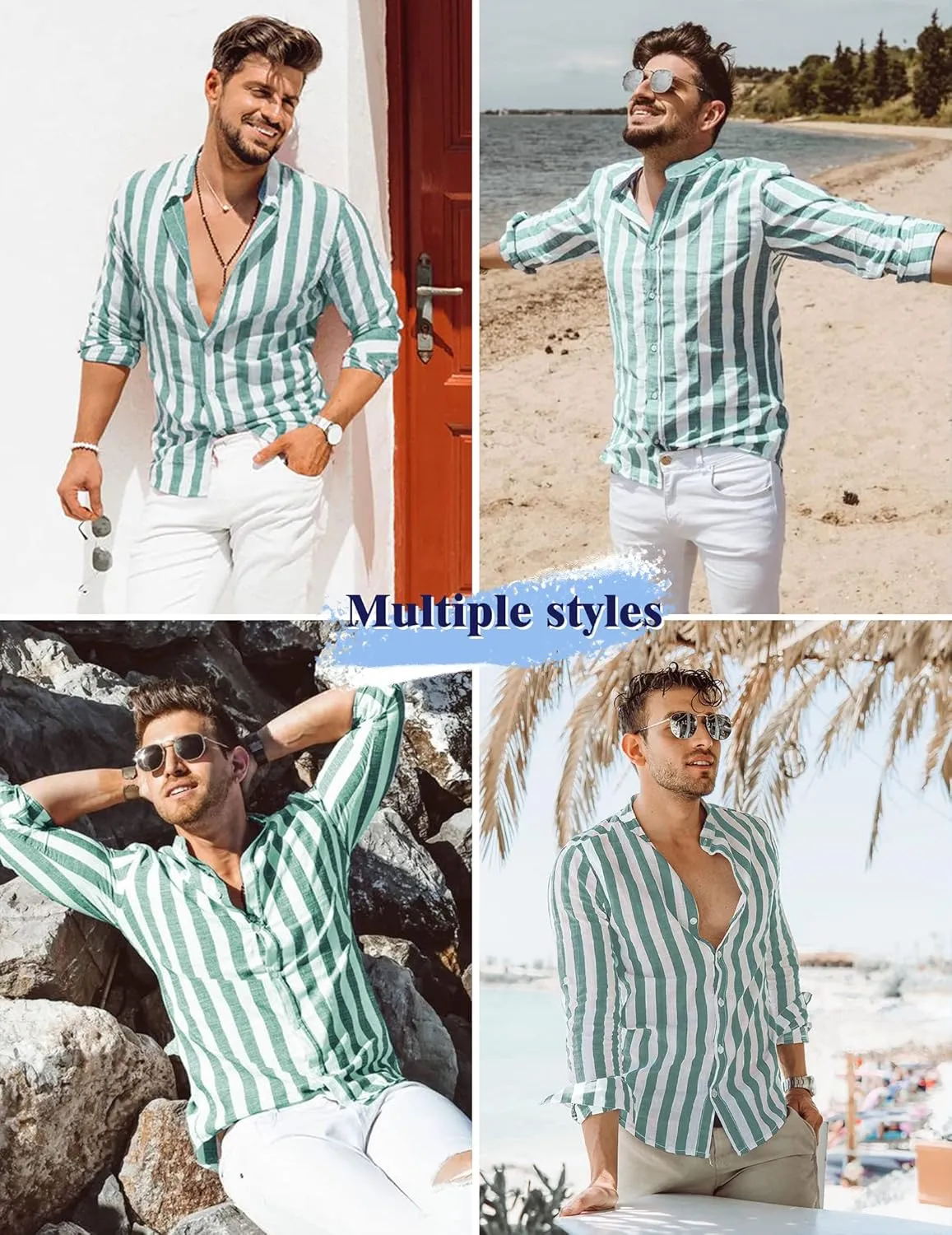 COOFANDY Men's Casual Cotton Linen Button Down Shirts Band Collar Long Sleeve Shirt Beach Summer Shirt with Pocket