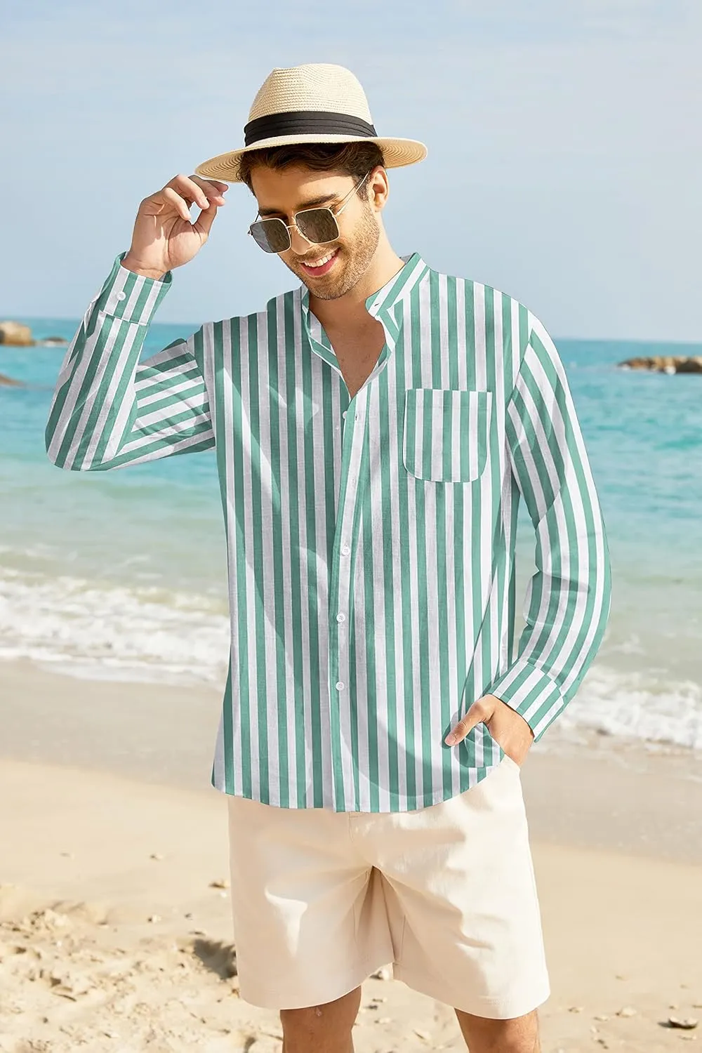 COOFANDY Men's Casual Cotton Linen Button Down Shirts Band Collar Long Sleeve Shirt Beach Summer Shirt with Pocket