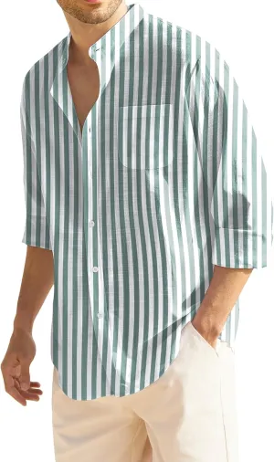 COOFANDY Men's Casual Cotton Linen Button Down Shirts Band Collar Long Sleeve Shirt Beach Summer Shirt with Pocket