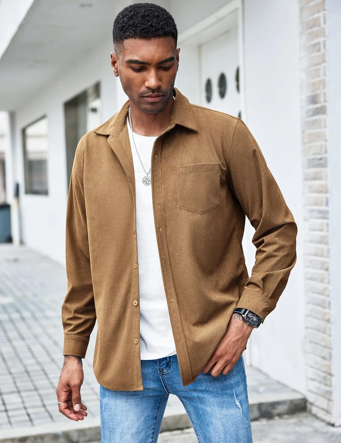 COOFANDY Men's Waffle Button Down Shirts Casual Long Sleeve Shacket Jacket with Pockets