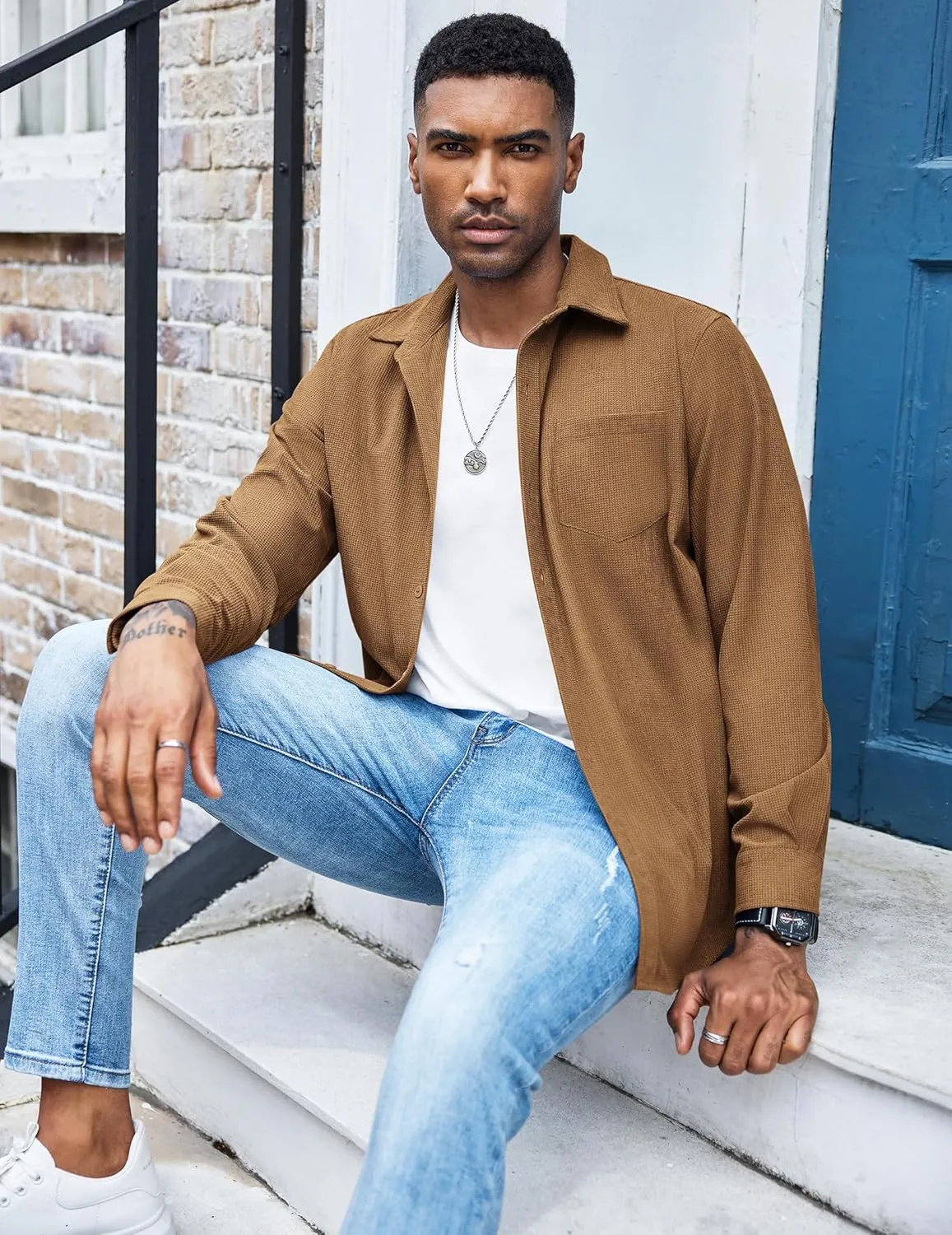 COOFANDY Men's Waffle Button Down Shirts Casual Long Sleeve Shacket Jacket with Pockets