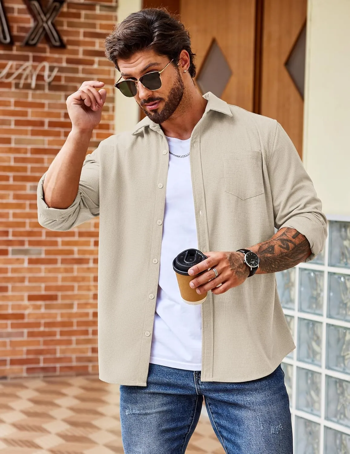 COOFANDY Men's Waffle Button Down Shirts Casual Long Sleeve Shacket Jacket with Pockets