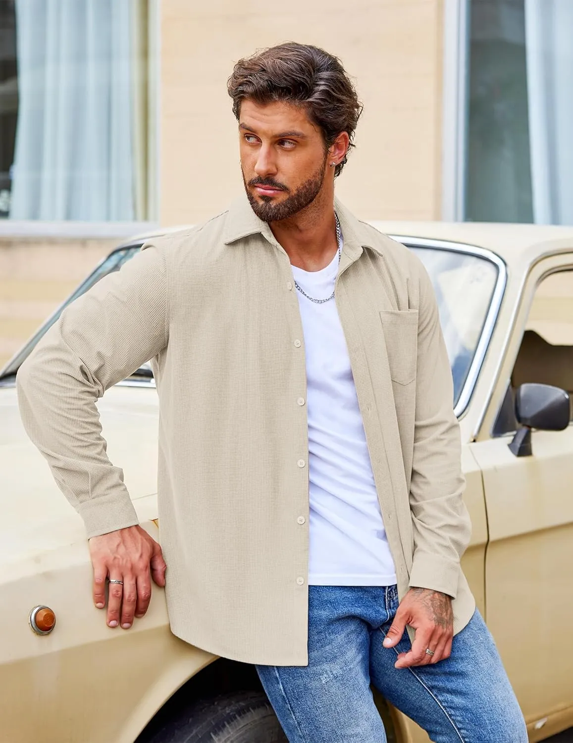 COOFANDY Men's Waffle Button Down Shirts Casual Long Sleeve Shacket Jacket with Pockets