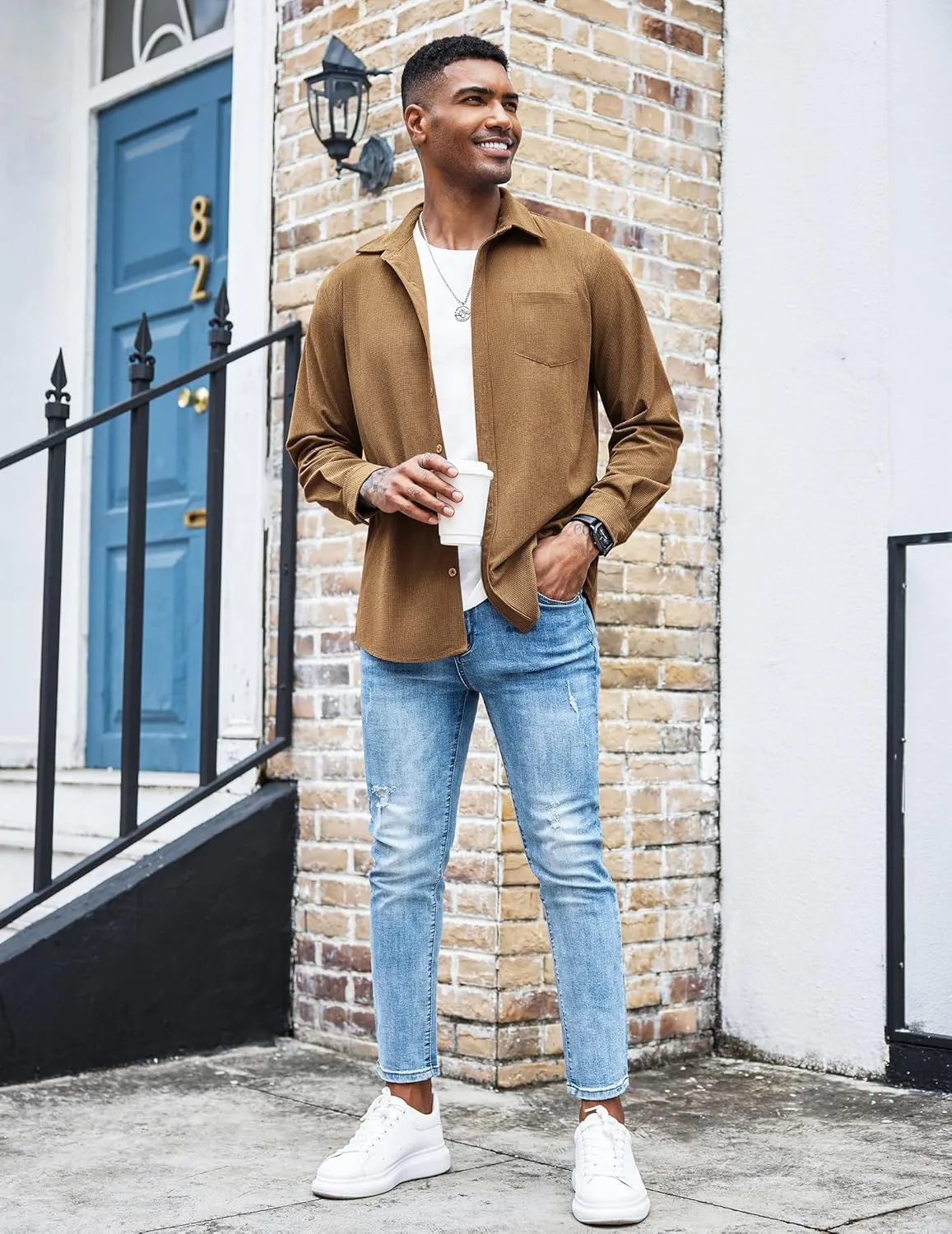 COOFANDY Men's Waffle Button Down Shirts Casual Long Sleeve Shacket Jacket with Pockets