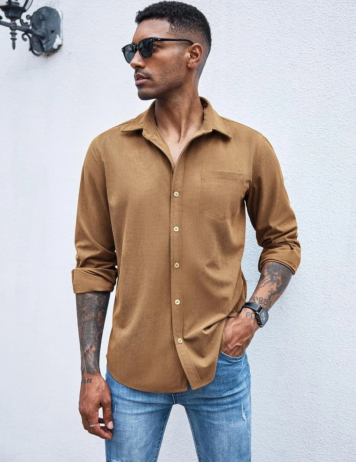 COOFANDY Men's Waffle Button Down Shirts Casual Long Sleeve Shacket Jacket with Pockets