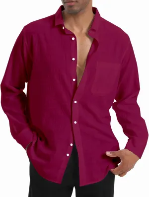 Cotton Linen Beach Shirts: Men's Casual Button Down Long Sleeve Loose Fit Dress Shirt with Pocket Tops