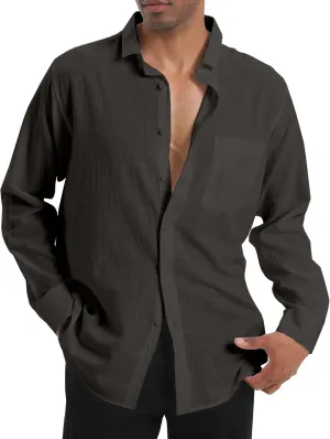 Cotton Linen Beach Shirts: Men's Casual Button Down Long Sleeve Loose Fit Dress Shirt with Pocket Tops