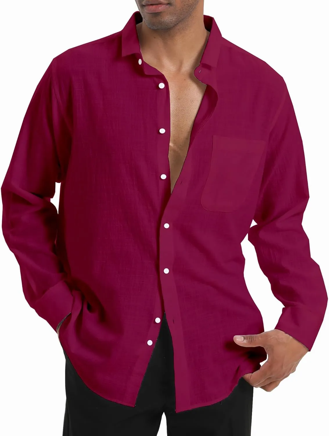 Cotton Linen Beach Shirts: Men's Casual Button Down Long Sleeve Loose Fit Dress Shirt with Pocket Tops