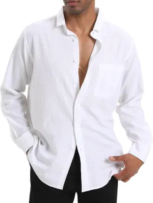 Cotton Linen Beach Shirts: Men's Casual Button Down Long Sleeve Loose Fit Dress Shirt with Pocket Tops