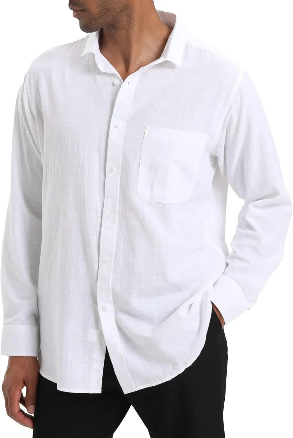 Cotton Linen Beach Shirts: Men's Casual Button Down Long Sleeve Loose Fit Dress Shirt with Pocket Tops