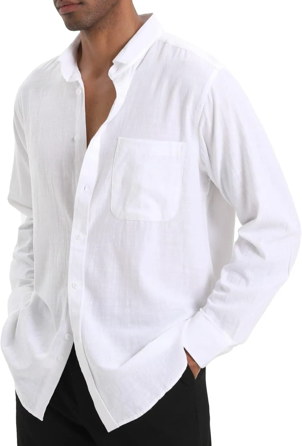 Cotton Linen Beach Shirts: Men's Casual Button Down Long Sleeve Loose Fit Dress Shirt with Pocket Tops