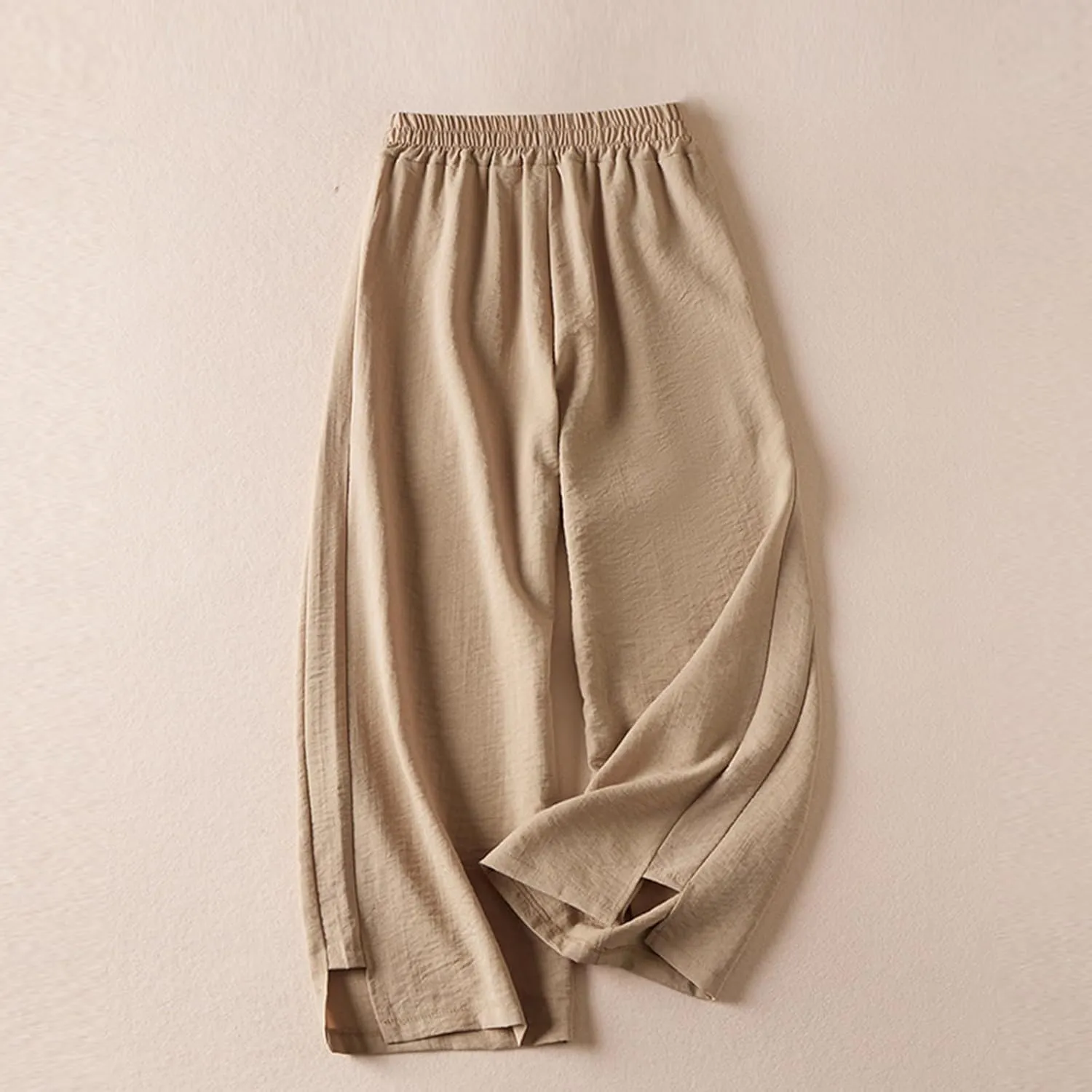 Cotton Linen Wide Leg Pants for Women Stylish Irregular Hem Wide Leg Palazzo Trousers Casual Elastic Waist Slacks