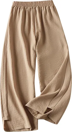 Cotton Linen Wide Leg Pants for Women Stylish Irregular Hem Wide Leg Palazzo Trousers Casual Elastic Waist Slacks