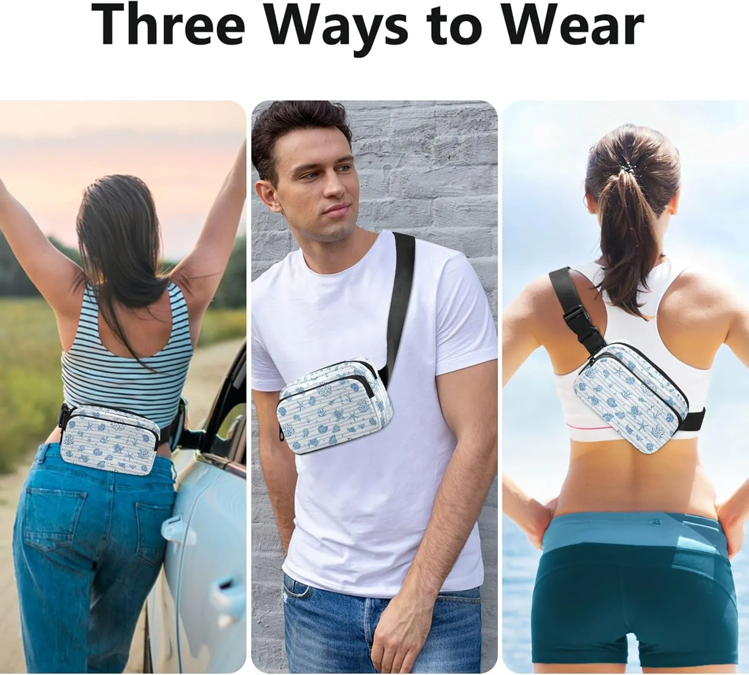 Custom Blue Stripes Animals Coastal Women Fanny Pack Waterproof Hip Pack Belt Bag Cute Waist Bag for Women