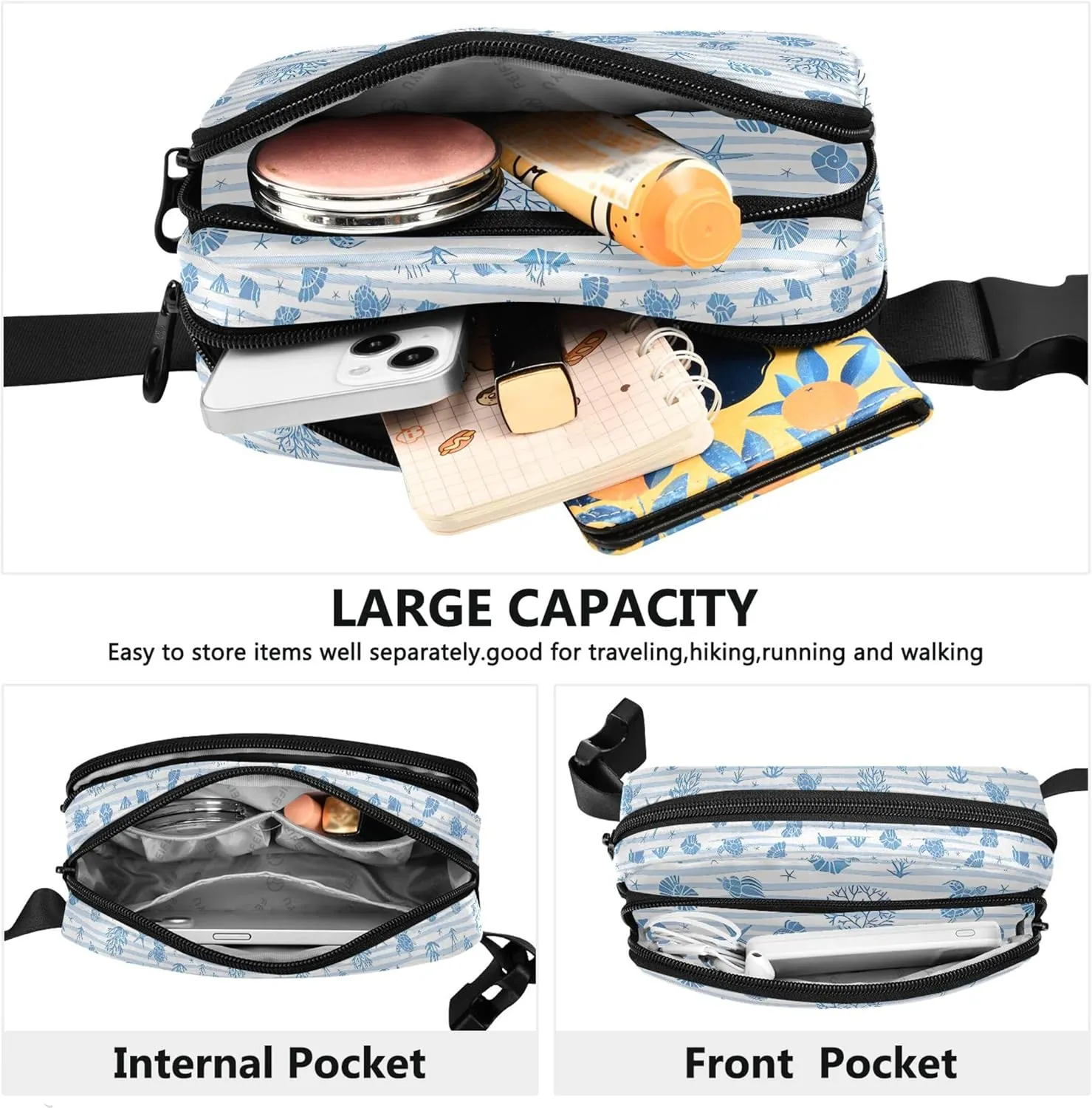 Custom Blue Stripes Animals Coastal Women Fanny Pack Waterproof Hip Pack Belt Bag Cute Waist Bag for Women