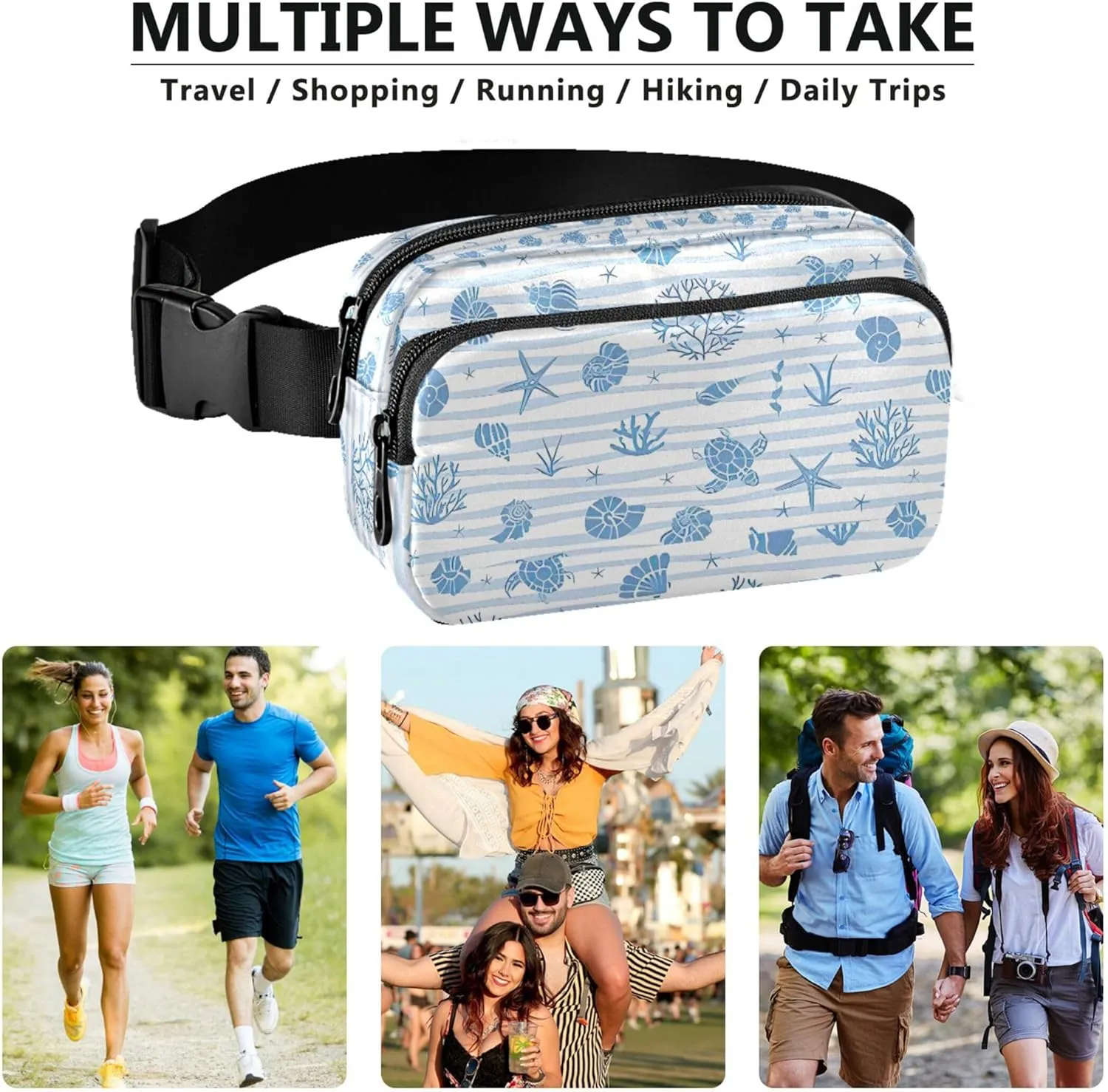 Custom Blue Stripes Animals Coastal Women Fanny Pack Waterproof Hip Pack Belt Bag Cute Waist Bag for Women