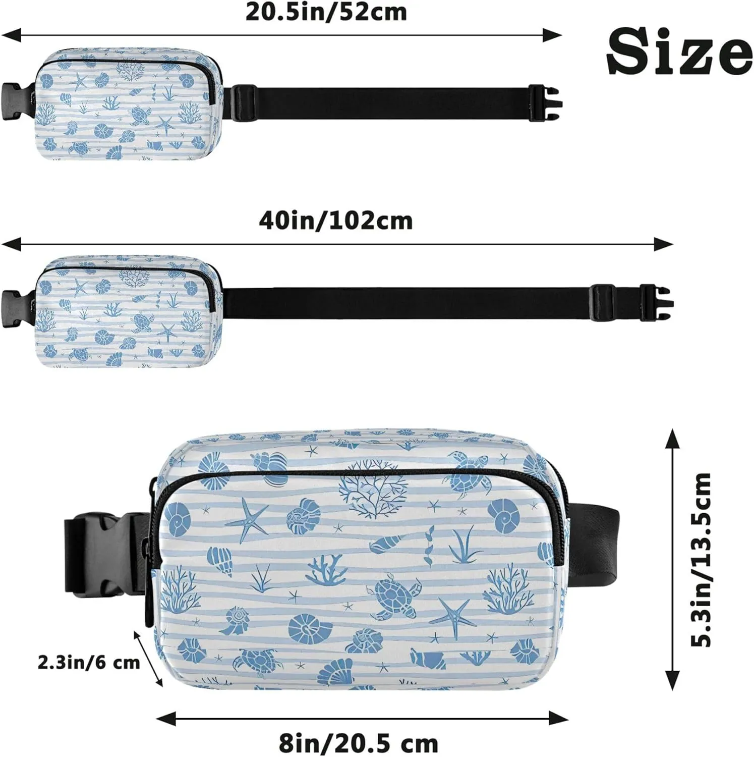 Custom Blue Stripes Animals Coastal Women Fanny Pack Waterproof Hip Pack Belt Bag Cute Waist Bag for Women