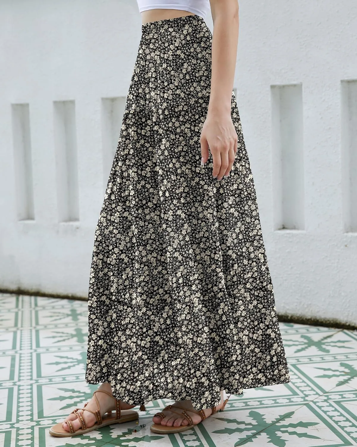 CYiNu Women's Chiffon Elastic High Waist Tiered Pleated Floral Printed A-Line Boho Long Maxi Skirts