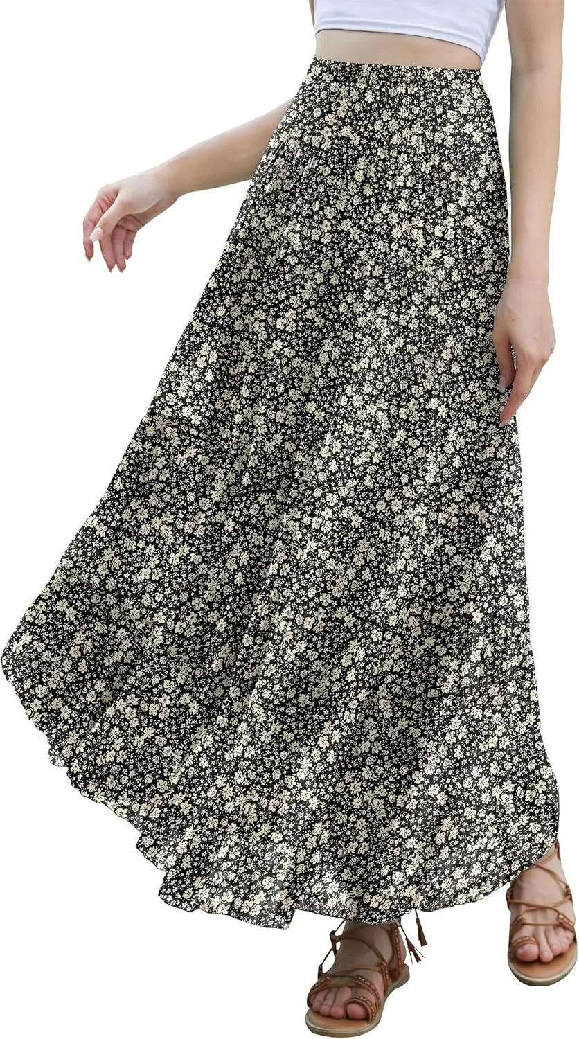CYiNu Women's Chiffon Elastic High Waist Tiered Pleated Floral Printed A-Line Boho Long Maxi Skirts