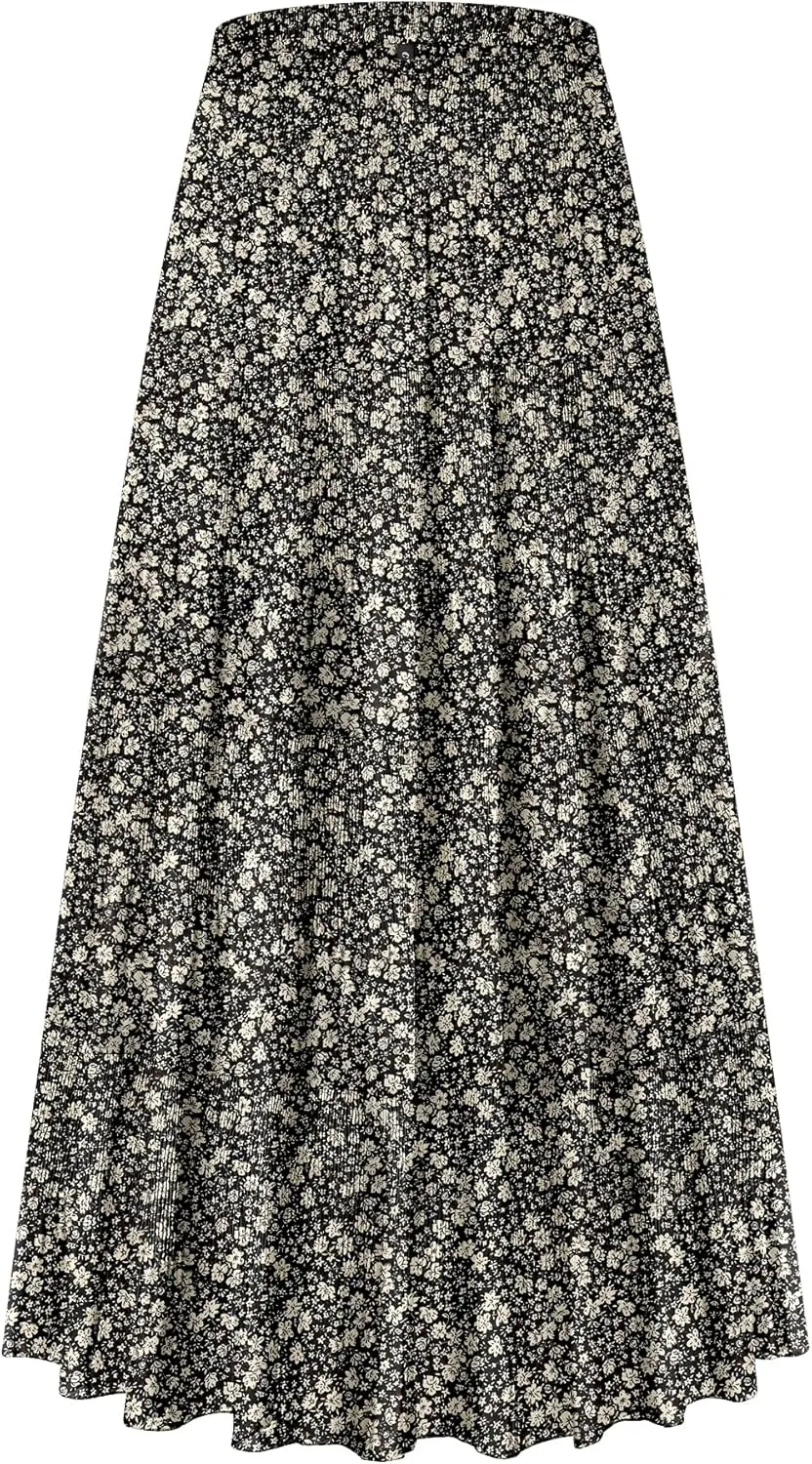 CYiNu Women's Chiffon Elastic High Waist Tiered Pleated Floral Printed A-Line Boho Long Maxi Skirts