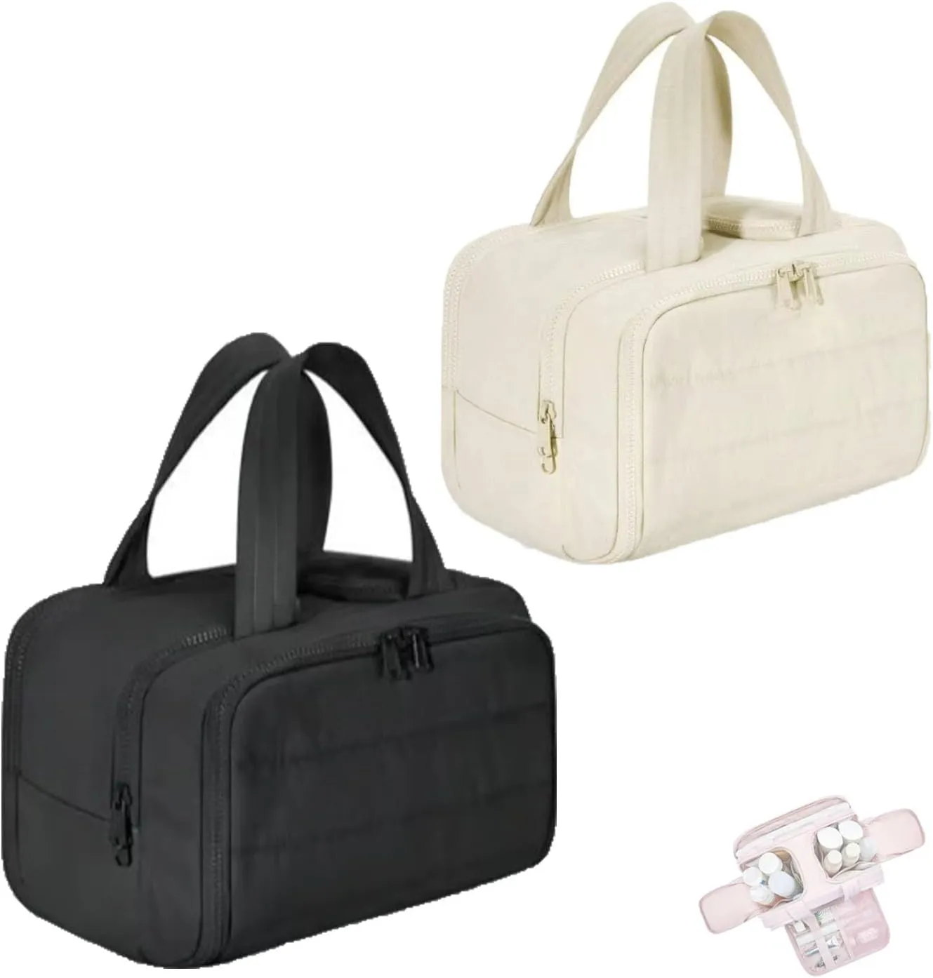 Decisivte large capacity wide-open travel cosmetic bag,Decisivte Cosmetic Bag,Travel Toiletry ,Wide-Opening Proof Organizer for Women, for Traveling, Shower & Toiletries (Black/white)