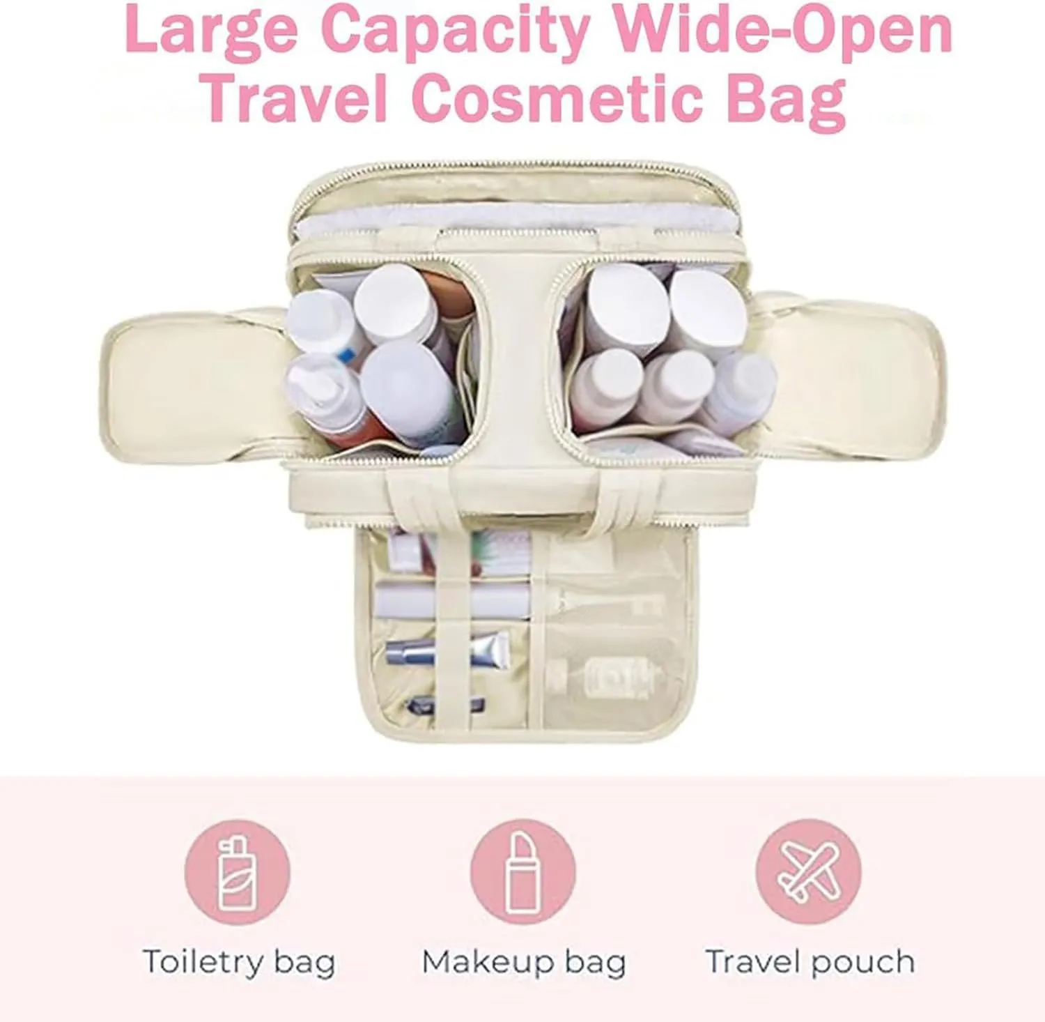 Decisivte large capacity wide-open travel cosmetic bag,Decisivte Cosmetic Bag,Travel Toiletry ,Wide-Opening Proof Organizer for Women, for Traveling, Shower & Toiletries (Black/white)
