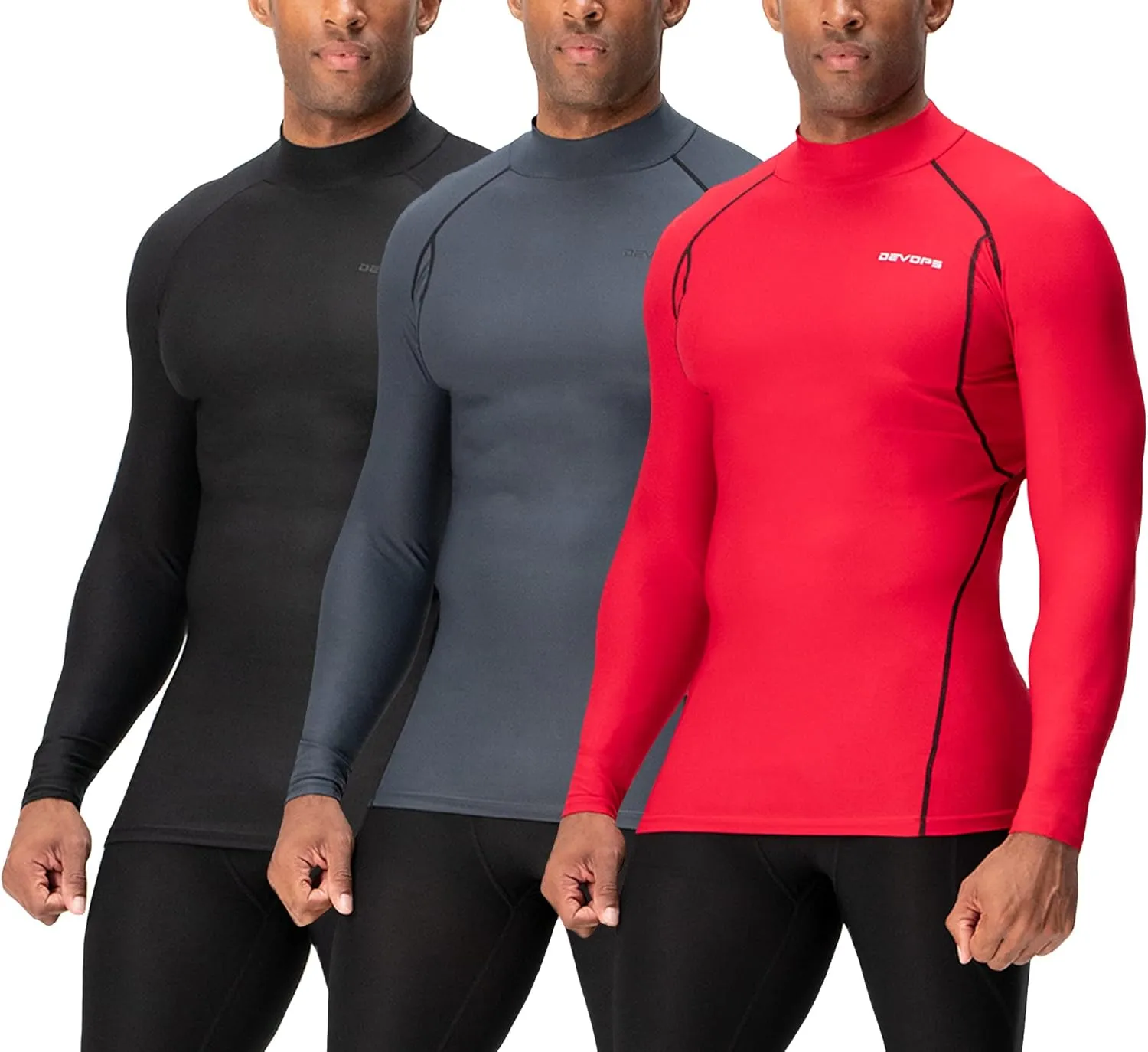 DEVOPS 3 Pack Men's Athletic Turtle Neck Long Sleeve Compression Shirts